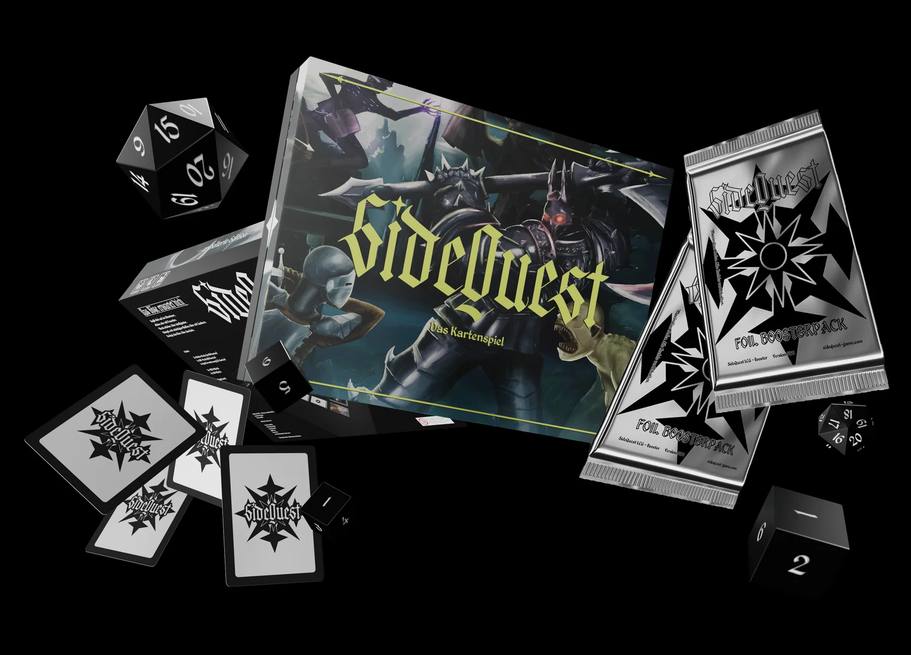 SideQuest Box, Booster-Packs, Karten und Würfel